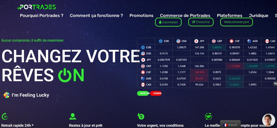 Page d’accueil du courtier Portrades pour le trading sur mobile